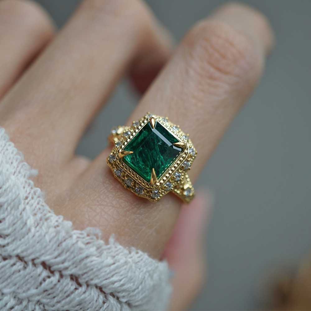 One Of A Kind: Victorian Emerald Diamond Ring in 14K and 18K Gold