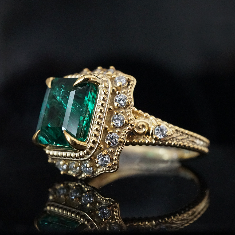 One Of A Kind: Victorian Emerald Diamond Ring in 14K and 18K Gold