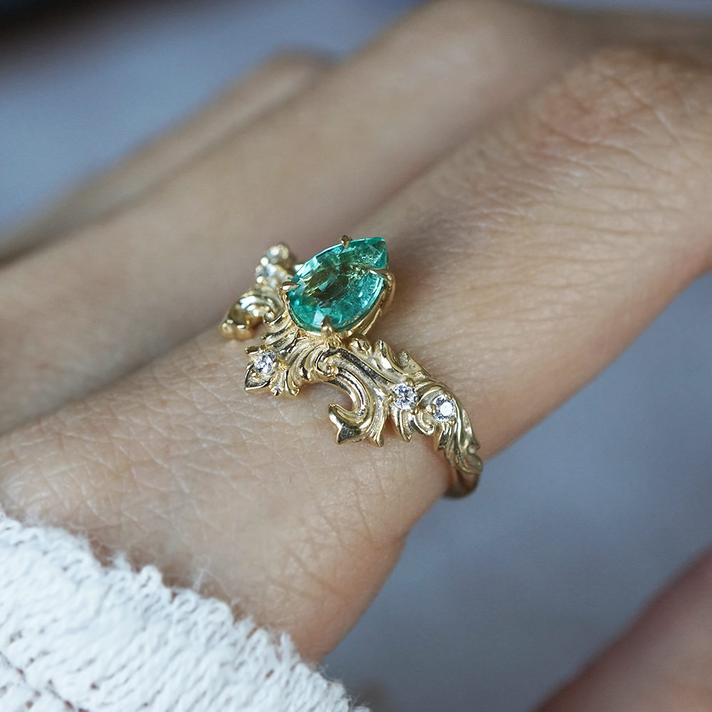 Achilles Wing Emerald Diamond Ring in 14K and 18K Gold