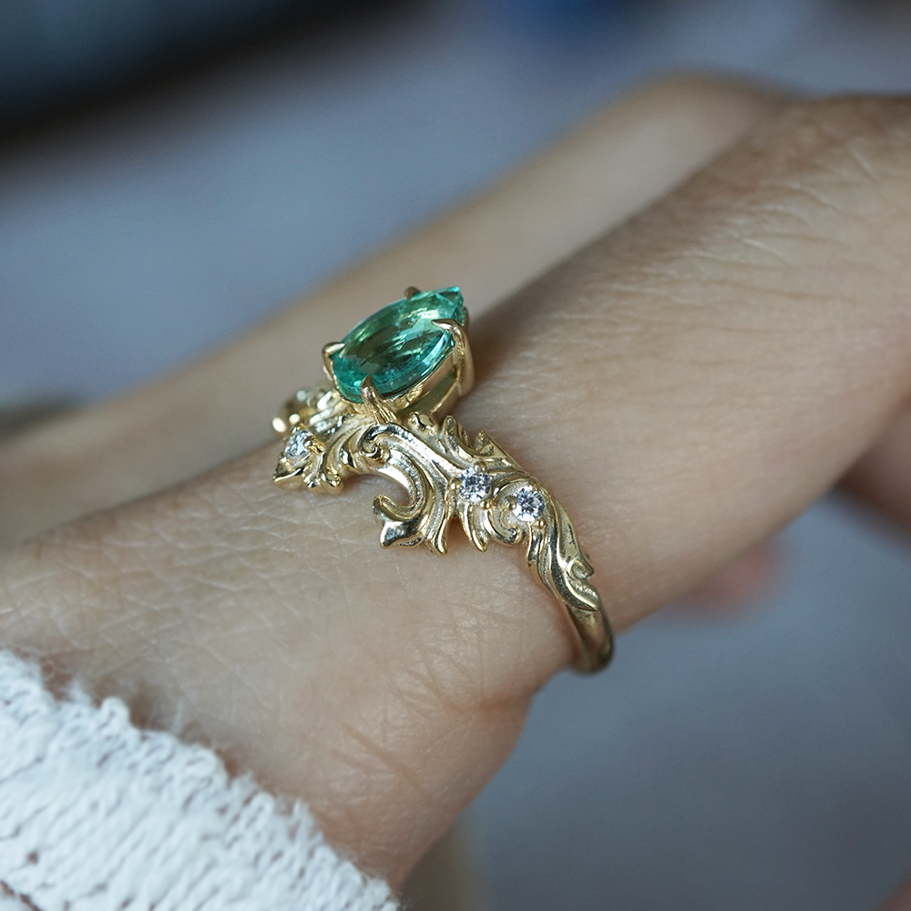 Achilles Wing Emerald Diamond Ring in 14K and 18K Gold