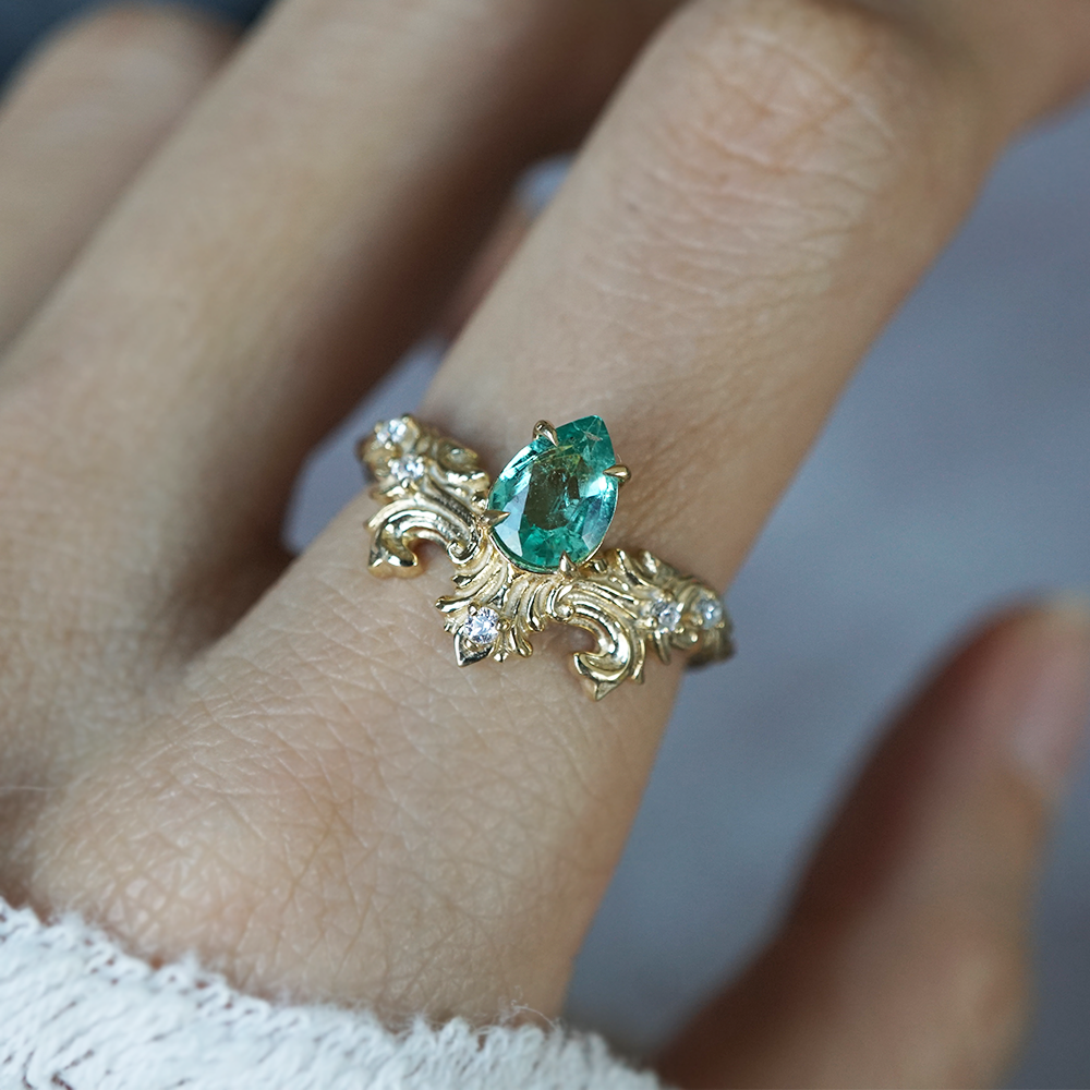 Achilles Wing Emerald Diamond Ring in 14K and 18K Gold