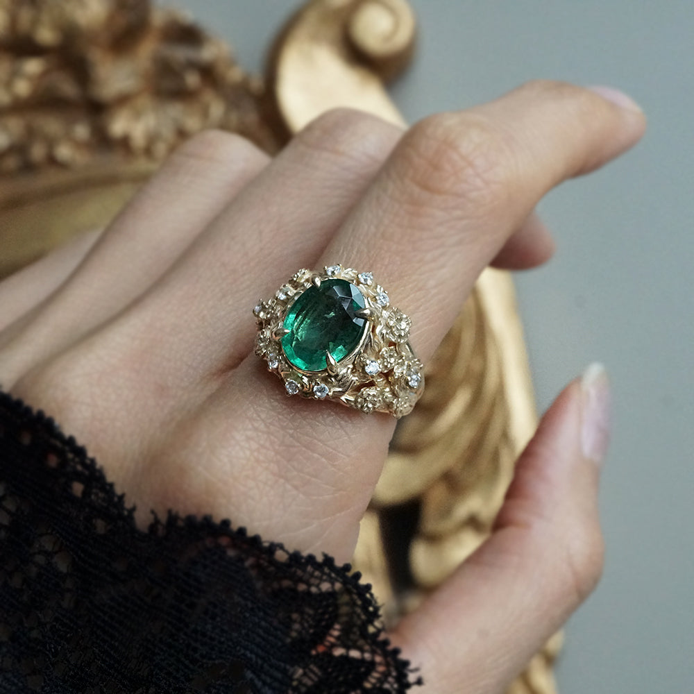 Oval Emerald Tulip Diamond Ring in 14K and 18K Gold