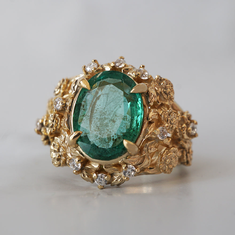 Oval Emerald Tulip Diamond Ring in 14K and 18K Gold