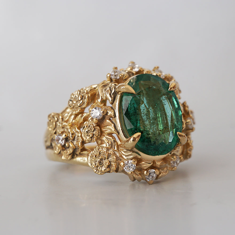 Oval Emerald Tulip Diamond Ring in 14K and 18K Gold