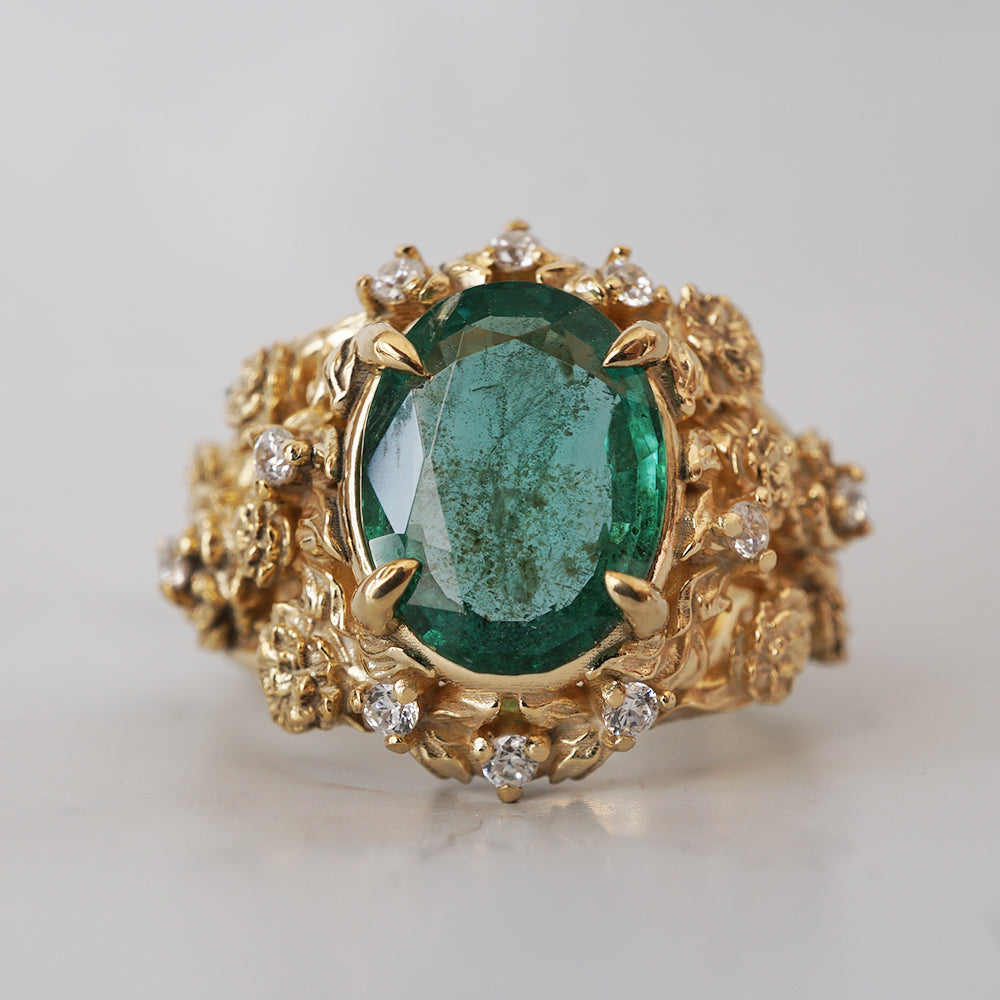 Oval Emerald Tulip Diamond Ring in 14K and 18K Gold