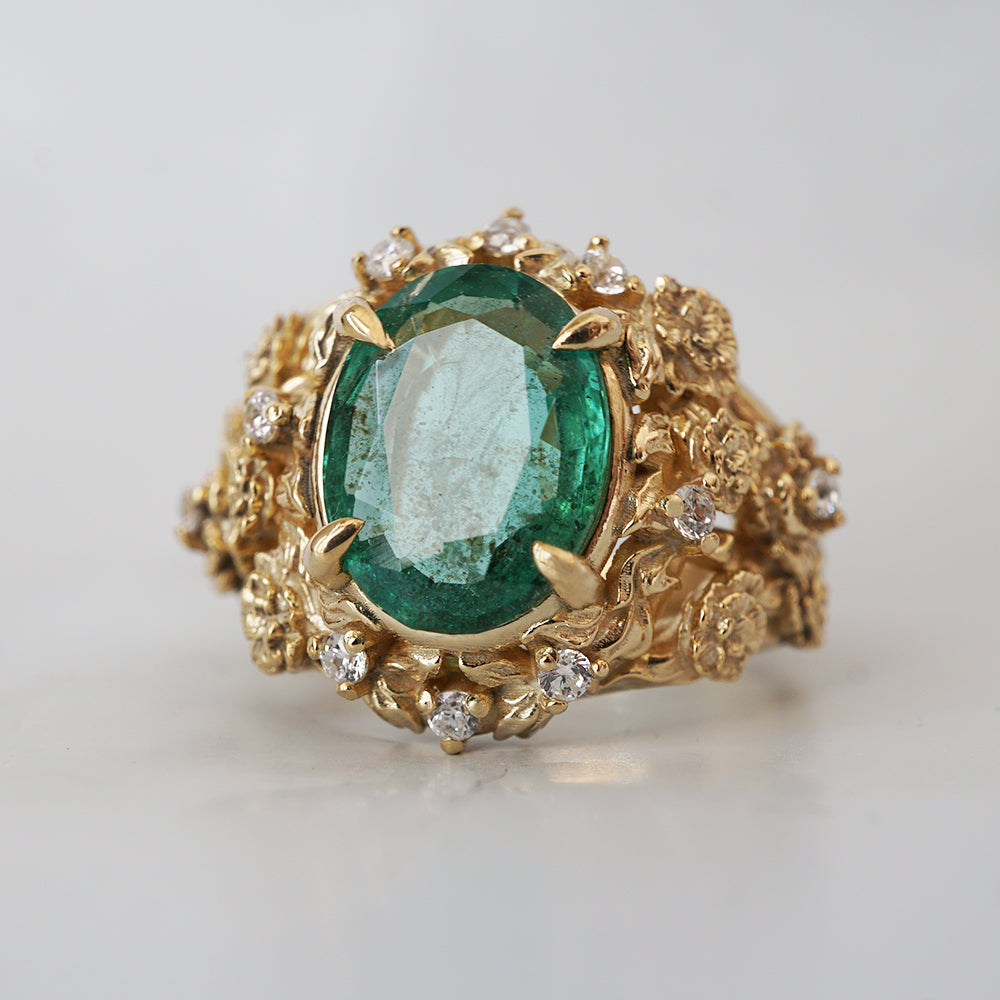 Oval Emerald Tulip Diamond Ring in 14K and 18K Gold