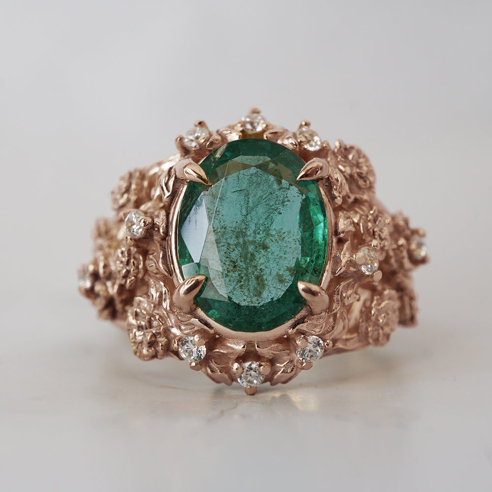 Oval Emerald Tulip Diamond Ring in 14K and 18K Gold