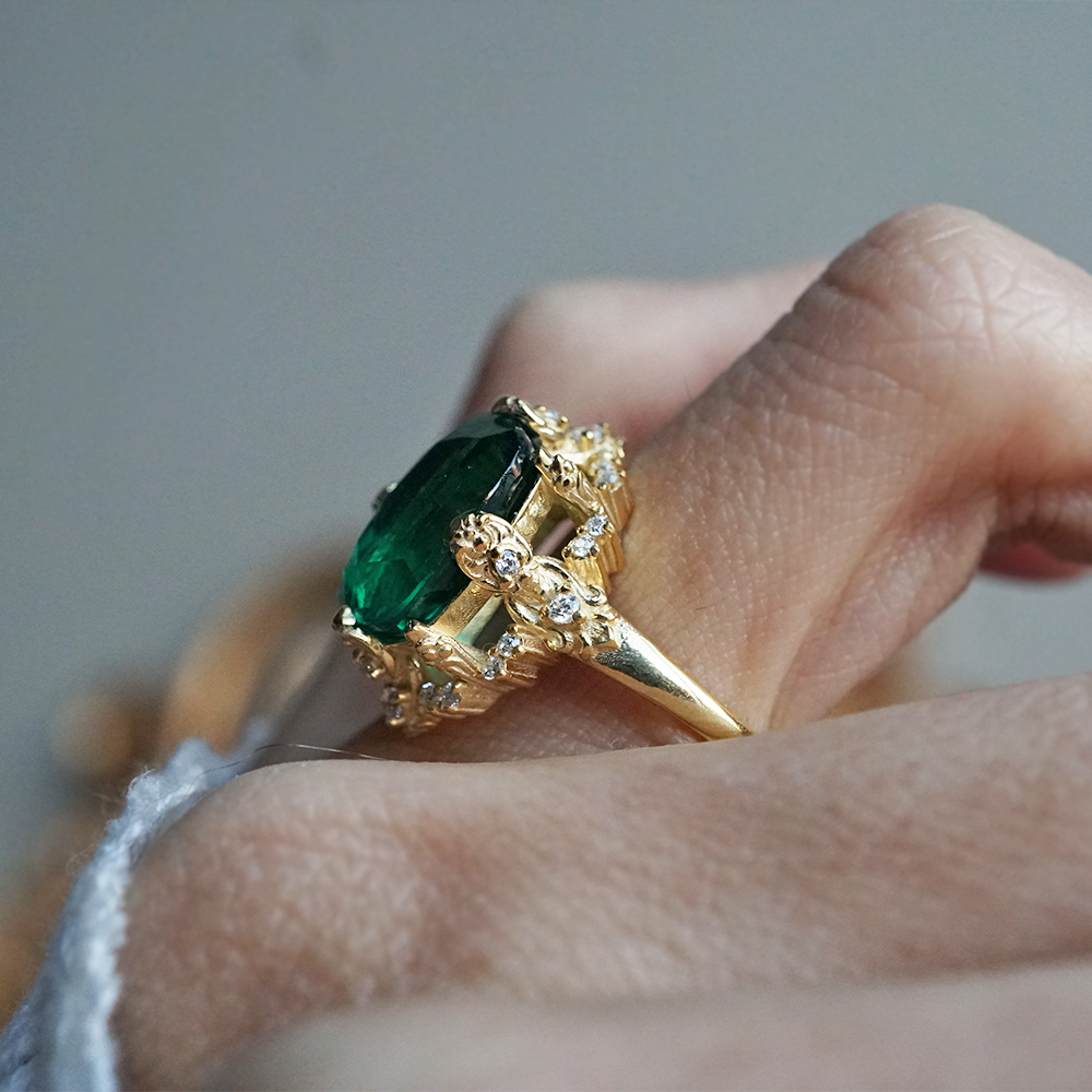 One Of A Kind: Esmeralda Oval Emerald Diamond Ring in 14K and 18K Gold, 5ct