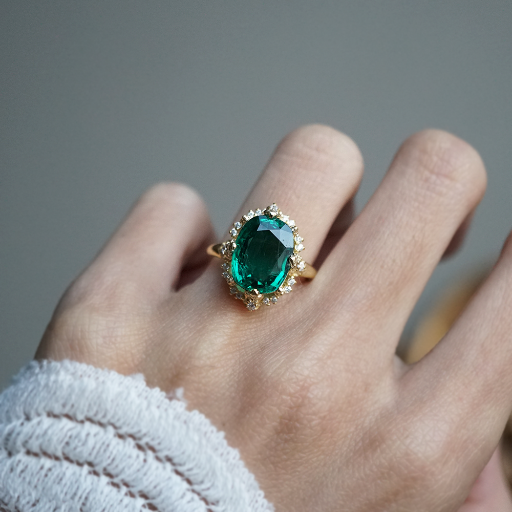 One Of A Kind: Esmeralda Oval Emerald Diamond Ring in 14K and 18K Gold, 5ct