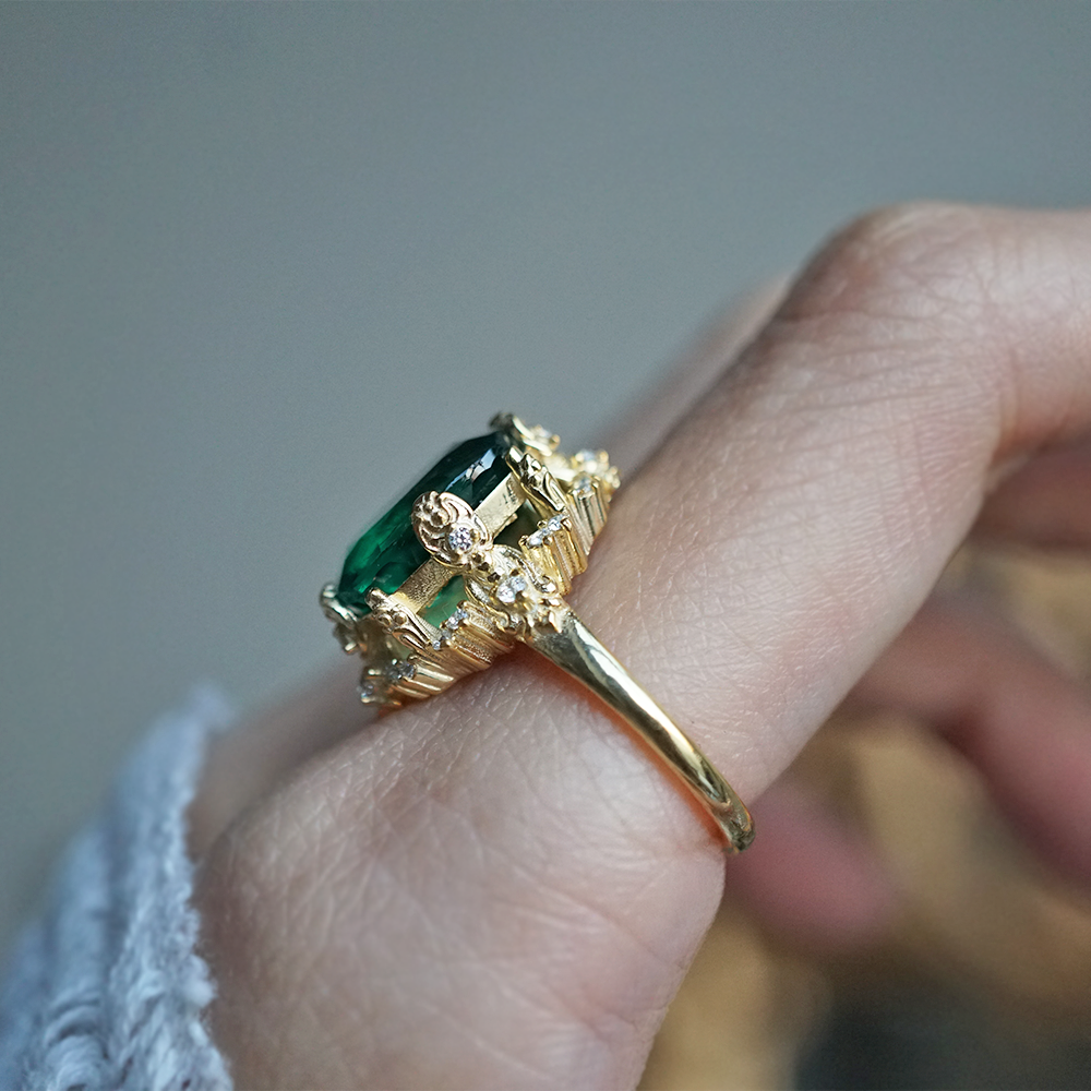 One Of A Kind: Esmeralda Oval Emerald Diamond Ring in 14K and 18K Gold, 5ct