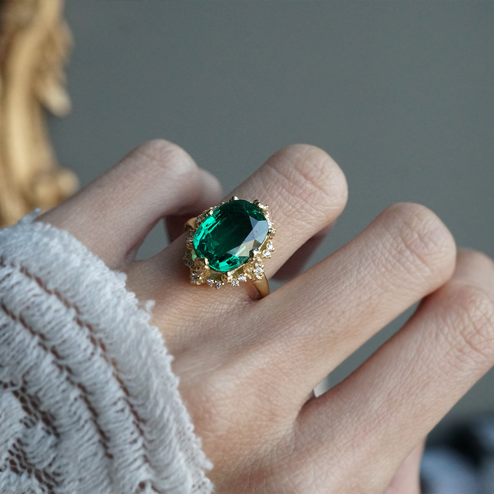 One Of A Kind: Esmeralda Oval Emerald Diamond Ring in 14K and 18K Gold, 5ct