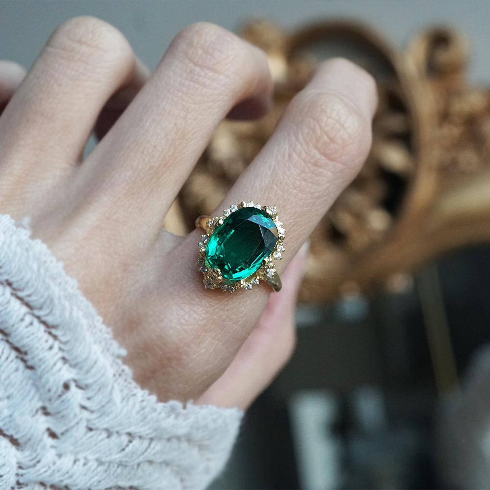 One Of A Kind: Esmeralda Oval Emerald Diamond Ring in 14K and 18K Gold, 5ct