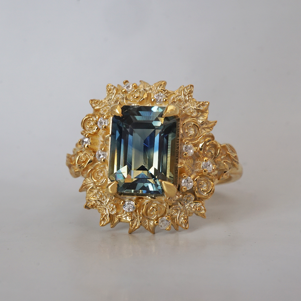 One Of A Kind: Rosevine Bi-Color Sapphire Diamond Ring in 14K and 18K Gold