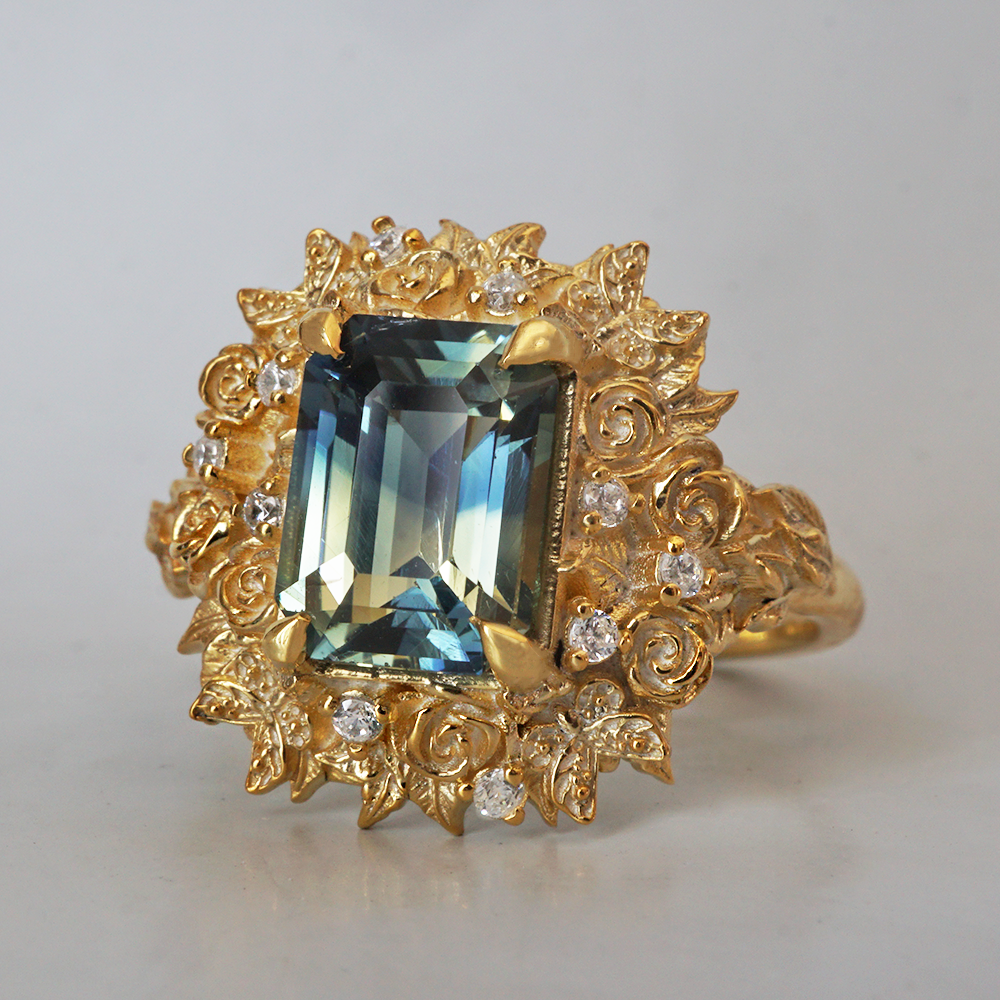 One Of A Kind: Rosevine Bi-Color Sapphire Diamond Ring in 14K and 18K Gold