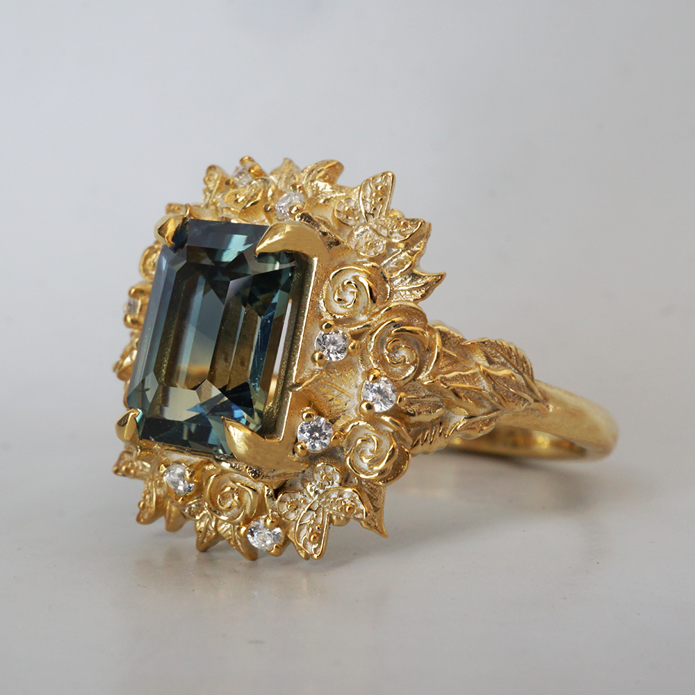 One Of A Kind: Rosevine Bi-Color Sapphire Diamond Ring in 14K and 18K Gold