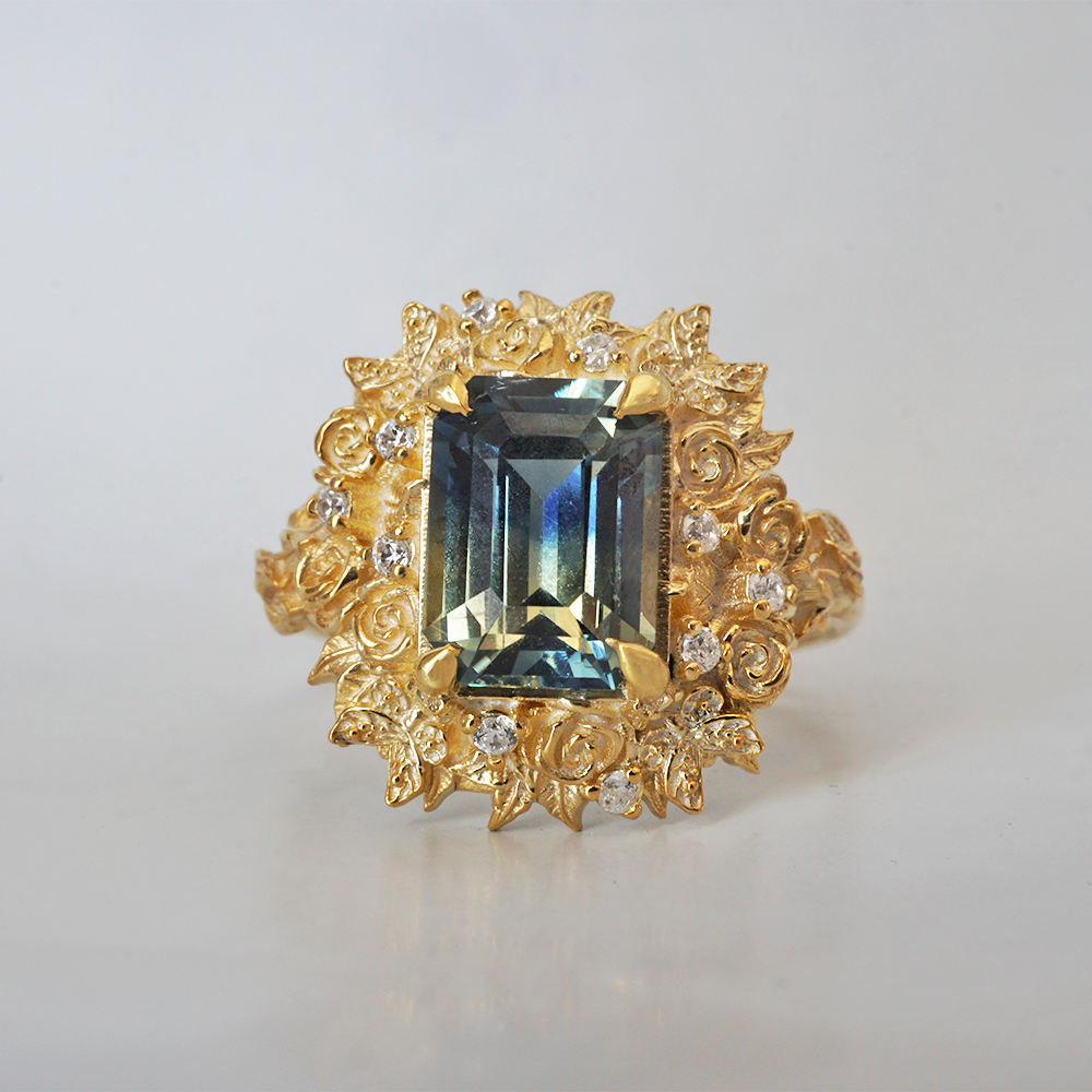 One Of A Kind: Rosevine Bi-Color Sapphire Diamond Ring in 14K and 18K Gold