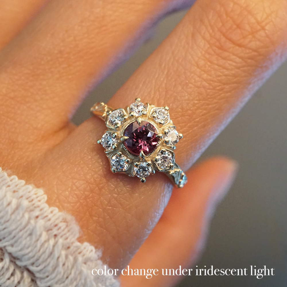 Limited Edition: Color Change Garnet Gardenia Ring in 14K and 18K Gold