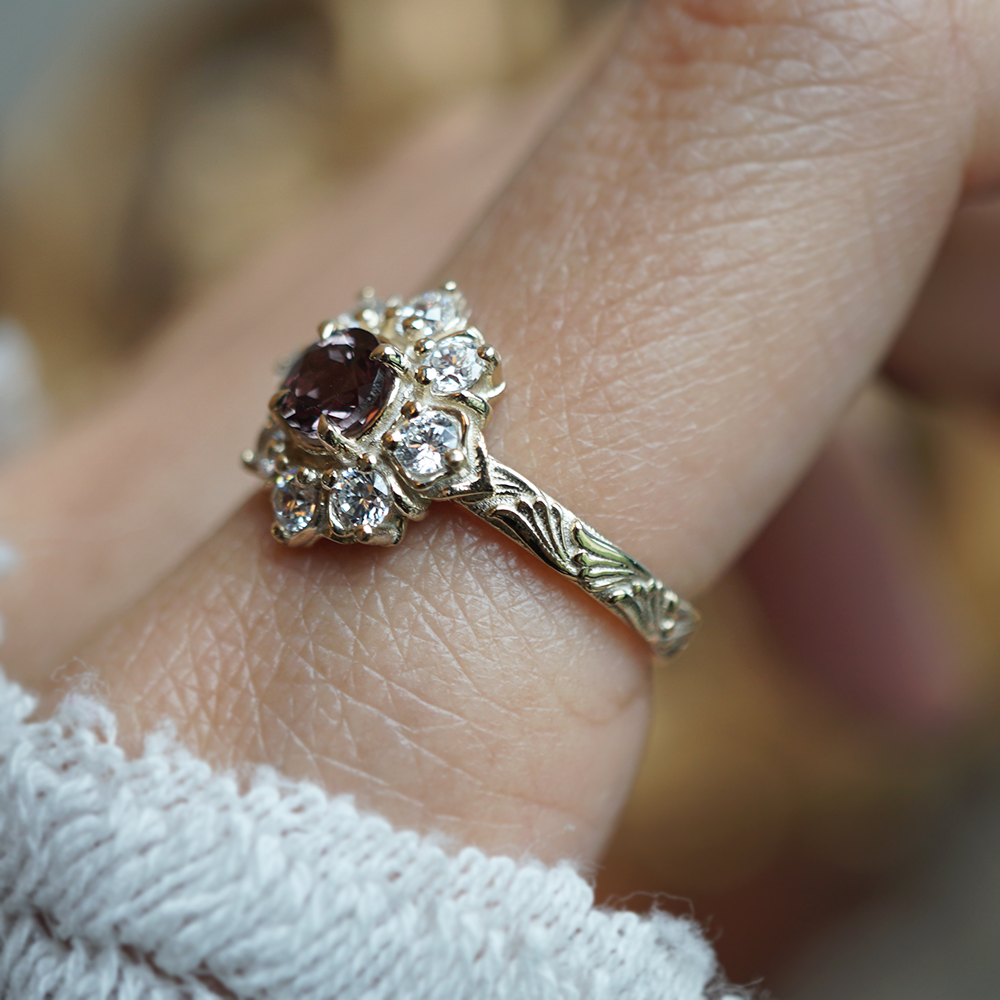 Limited Edition: Color Change Garnet Gardenia Ring in 14K and 18K Gold