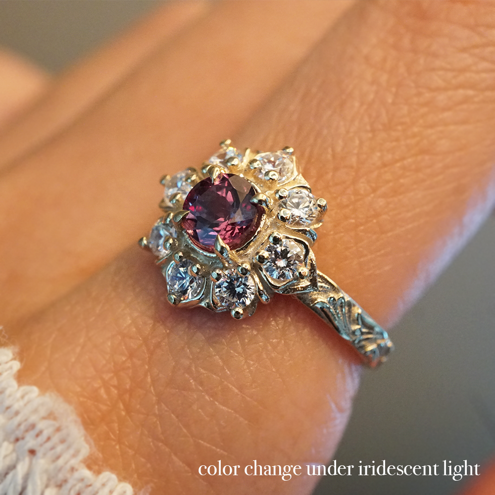 Limited Edition: Color Change Garnet Gardenia Ring in 14K and 18K Gold