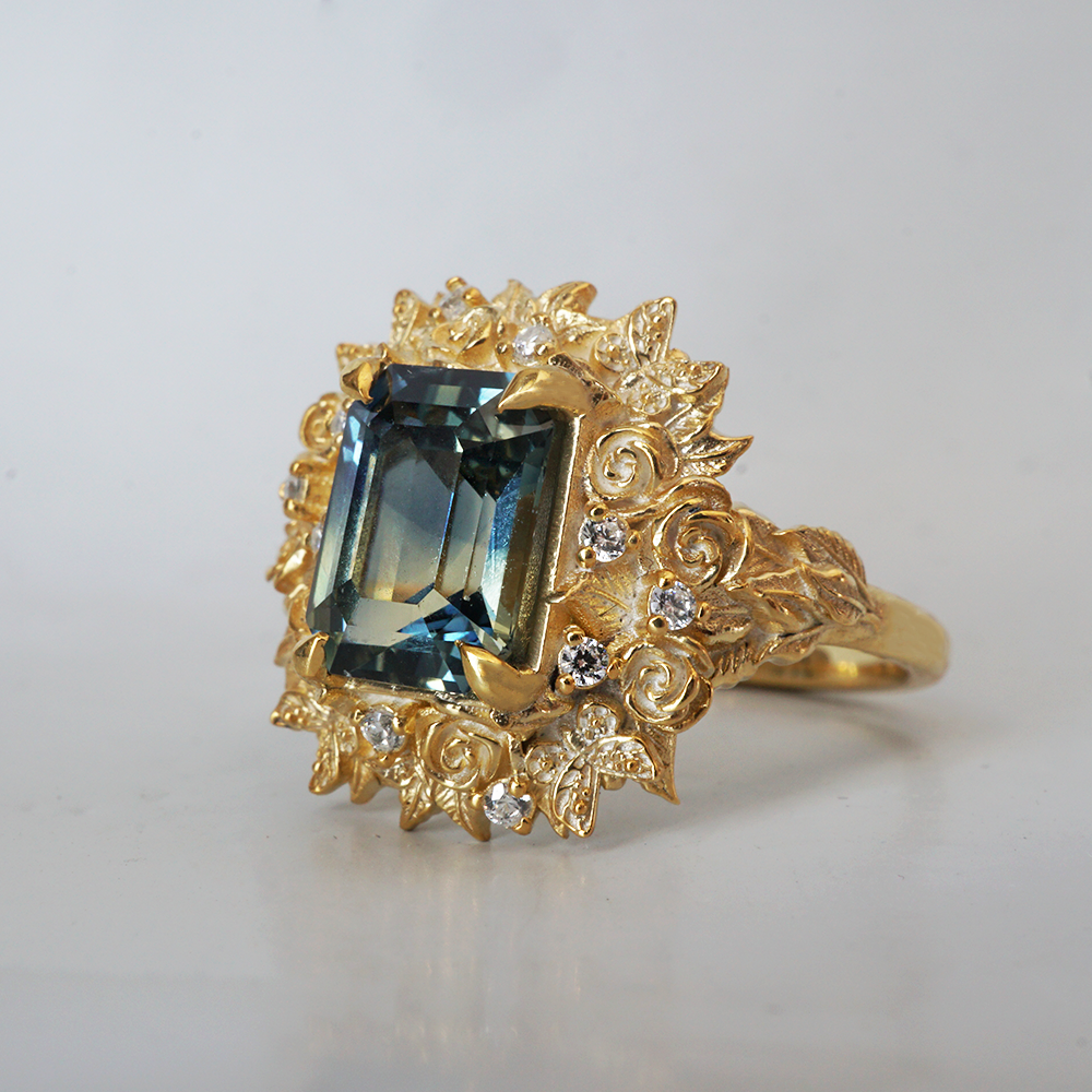 One Of A Kind: Rosevine Bi-Color Sapphire Diamond Ring in 14K and 18K Gold