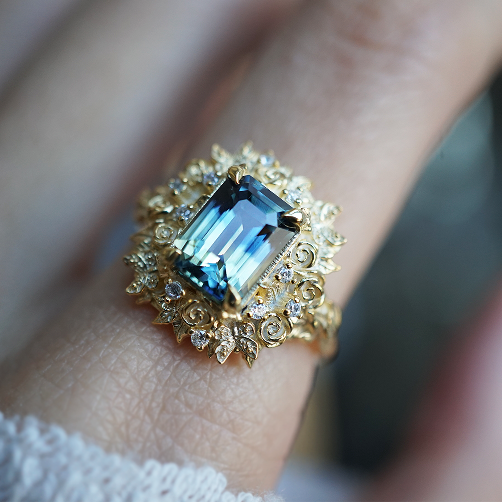 One Of A Kind: Rosevine Bi-Color Sapphire Diamond Ring in 14K and 18K Gold