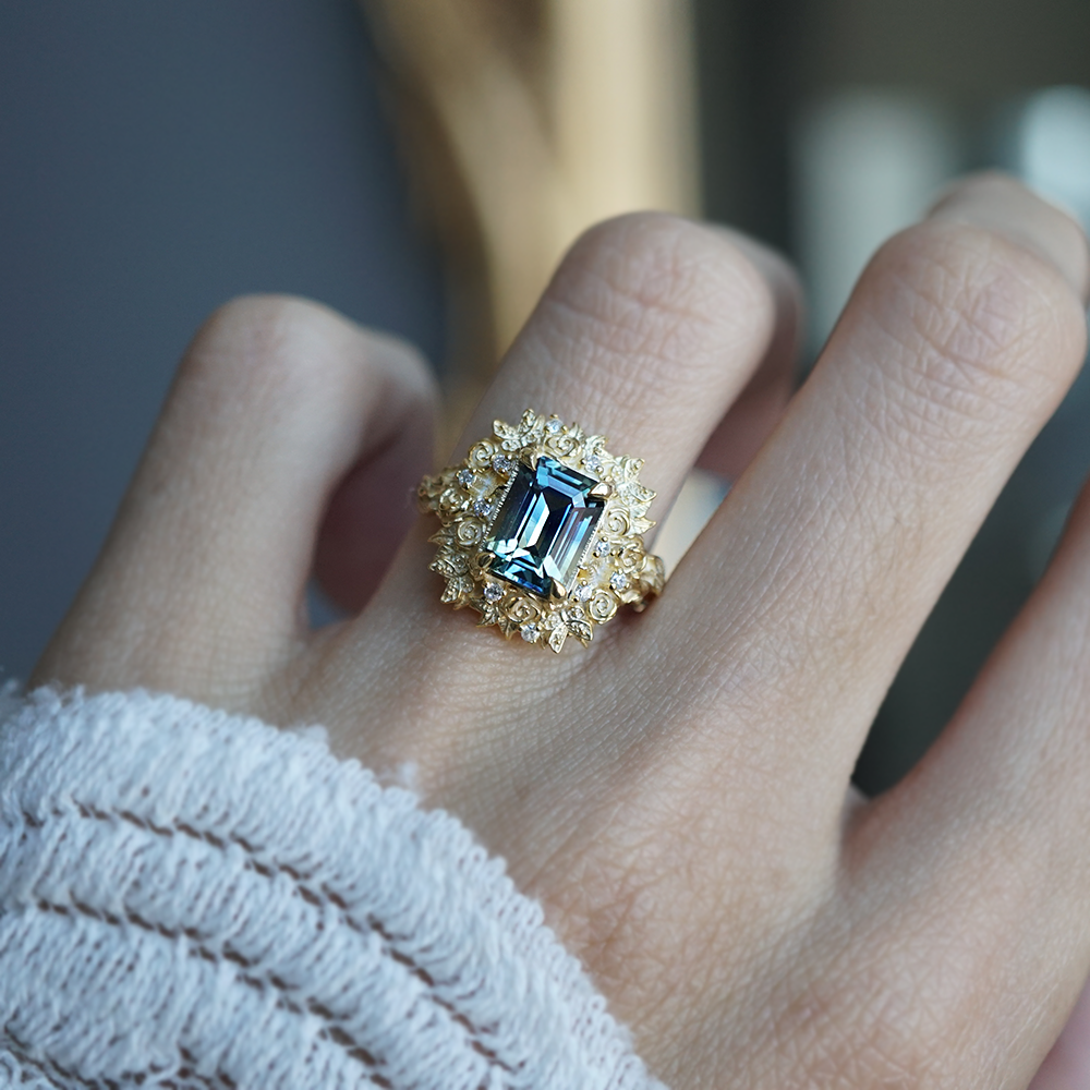 One Of A Kind: Rosevine Bi-Color Sapphire Diamond Ring in 14K and 18K Gold