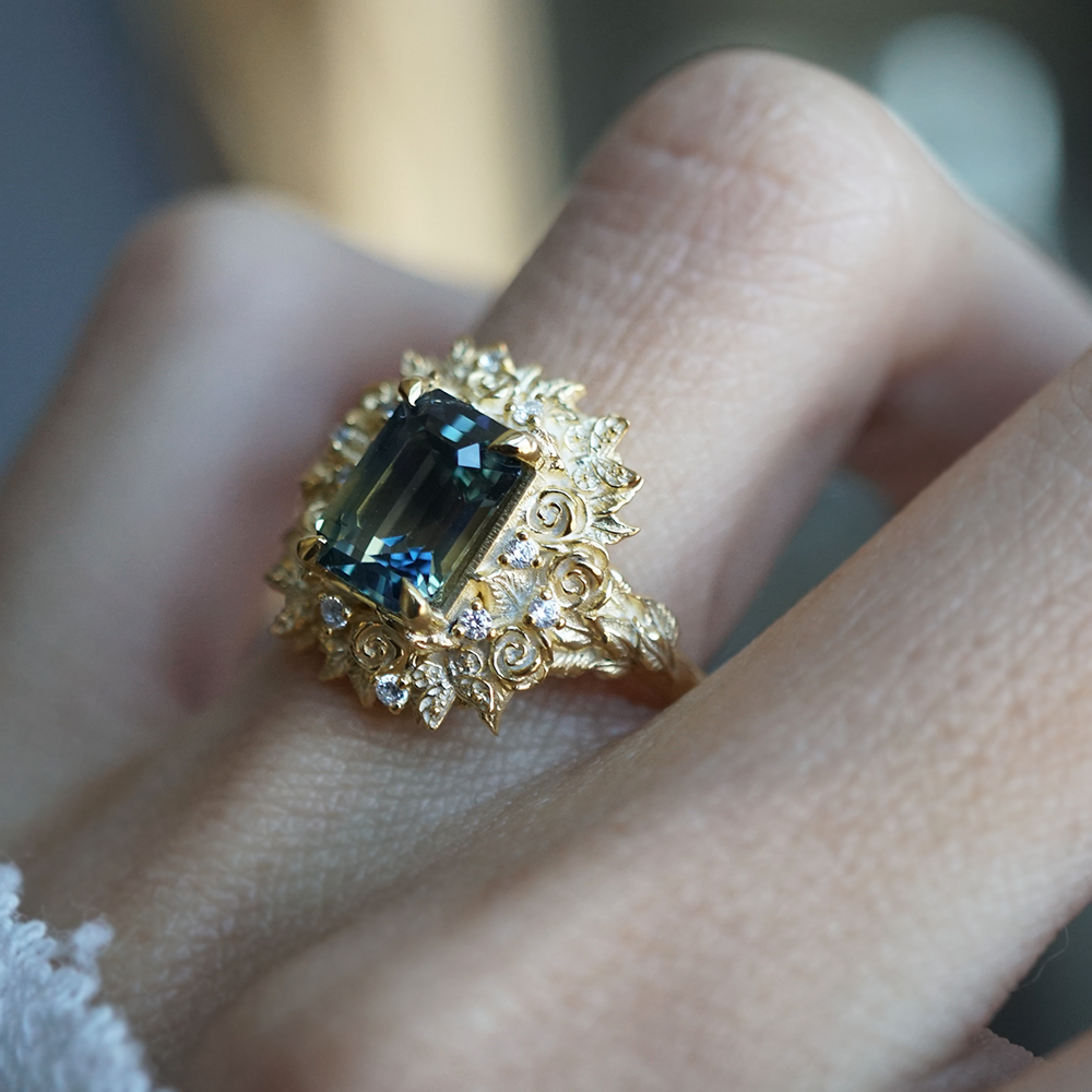 One Of A Kind: Rosevine Bi-Color Sapphire Diamond Ring in 14K and 18K Gold