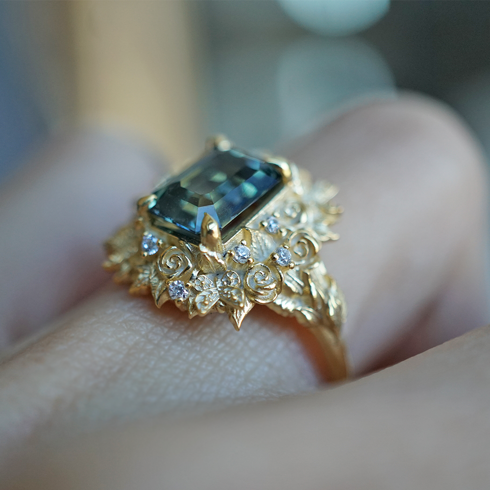 One Of A Kind: Rosevine Bi-Color Sapphire Diamond Ring in 14K and 18K Gold