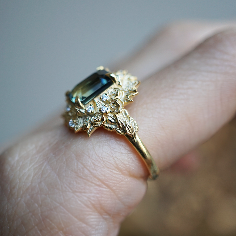 One Of A Kind: Rosevine Bi-Color Sapphire Diamond Ring in 14K and 18K Gold