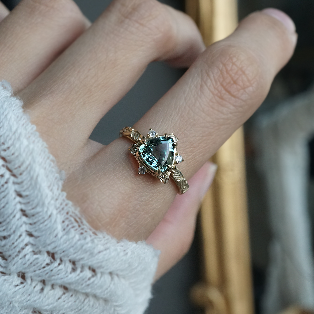 One Of A Kind: Trillion Green Tourmaline Gardenia Diamond Ring in 14K and 18K Gold