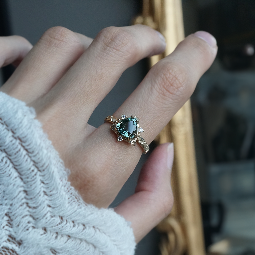 One Of A Kind: Trillion Green Tourmaline Gardenia Diamond Ring in 14K and 18K Gold