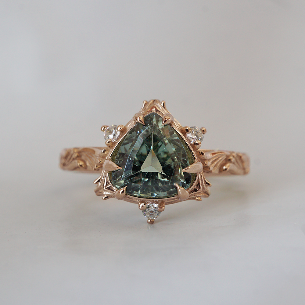 One Of A Kind: Trillion Green Tourmaline Gardenia Diamond Ring in 14K and 18K Gold