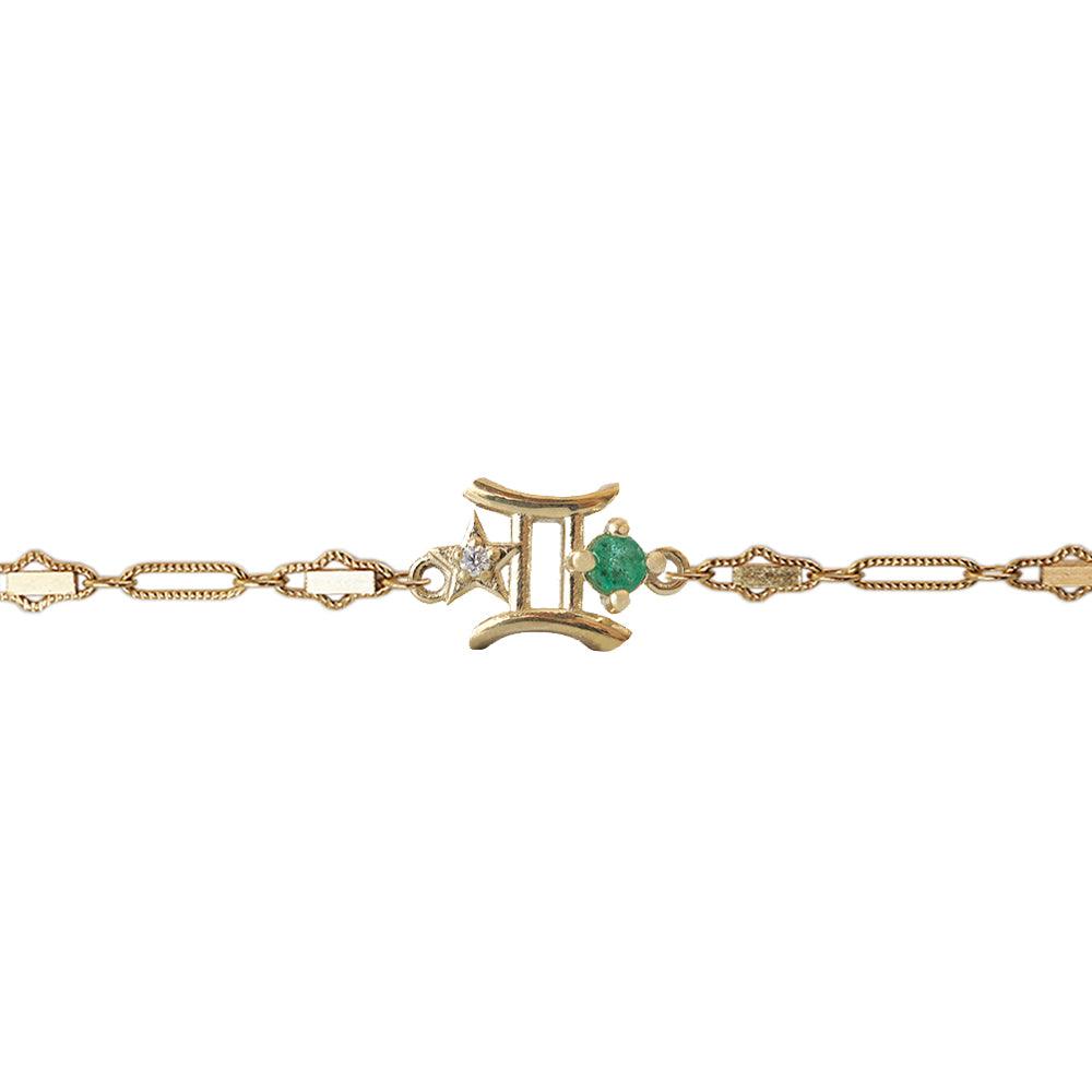 14K Gemini Horoscope Birthstone Bracelet (Pearl + Emerald) - Tippy Taste Jewelry