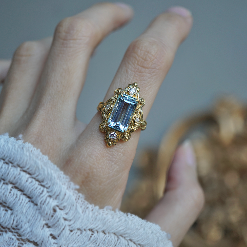 One Of A Kind: Gilded Wave Aquamarine Diamond Ring in 14K and 18K Gold