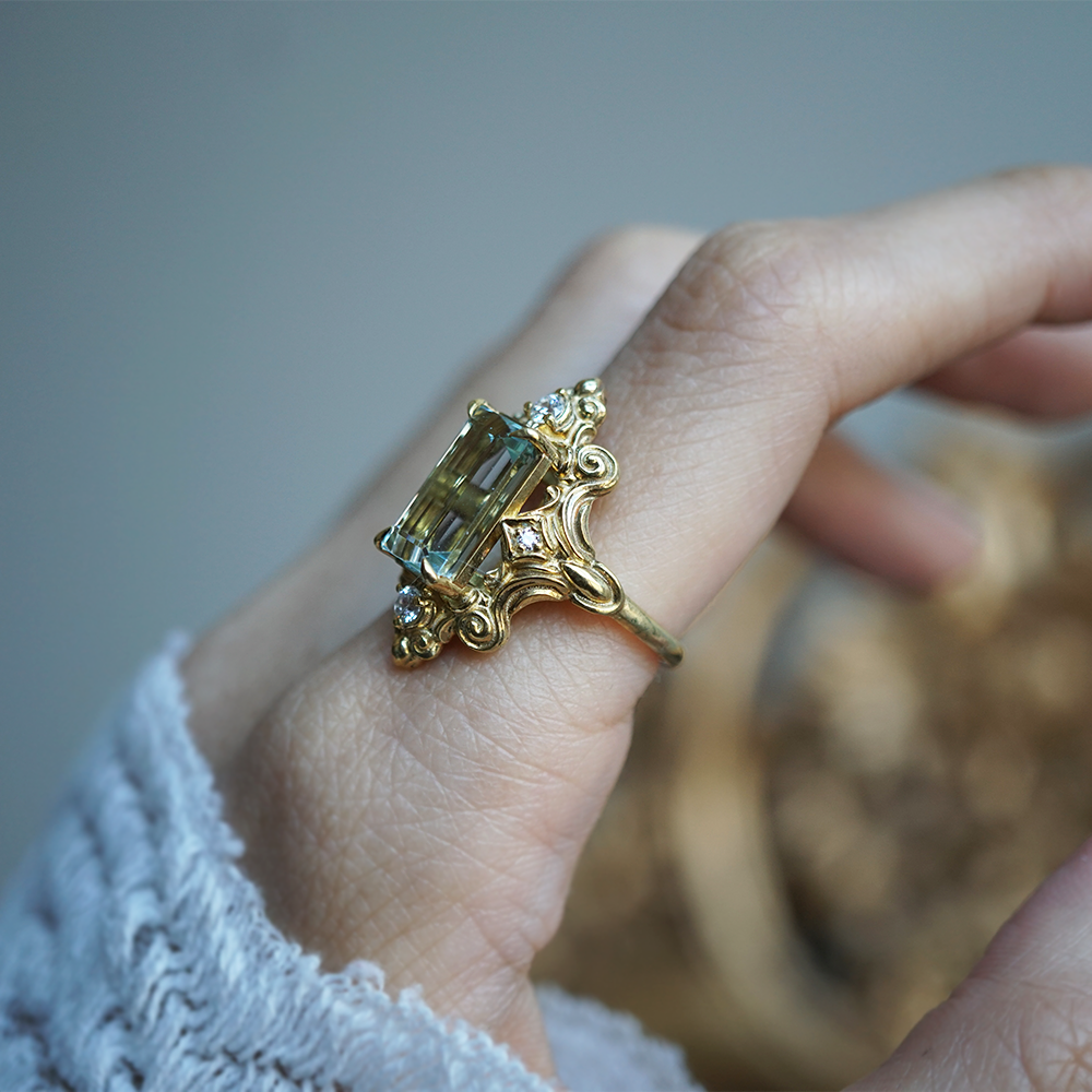 One Of A Kind: Gilded Wave Aquamarine Diamond Ring in 14K and 18K Gold