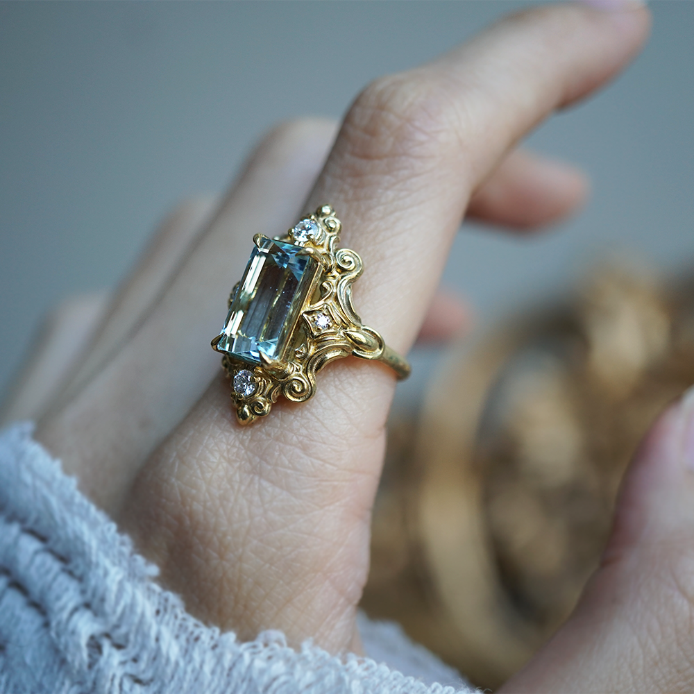 One Of A Kind: Gilded Wave Aquamarine Diamond Ring in 14K and 18K Gold