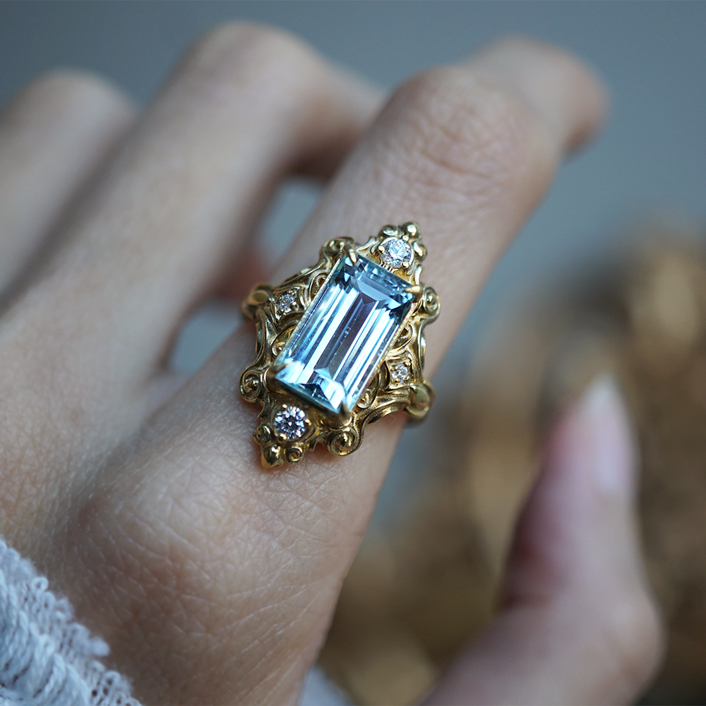 One Of A Kind: Gilded Wave Aquamarine Diamond Ring in 14K and 18K Gold