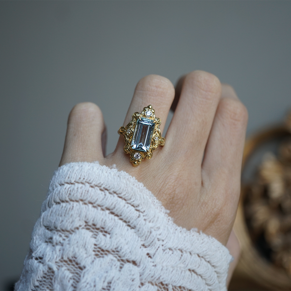 One Of A Kind: Gilded Wave Aquamarine Diamond Ring in 14K and 18K Gold