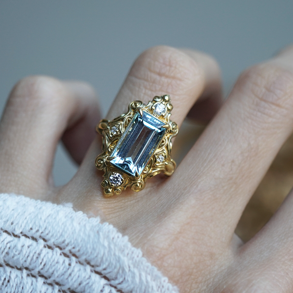 One Of A Kind: Gilded Wave Aquamarine Diamond Ring in 14K and 18K Gold