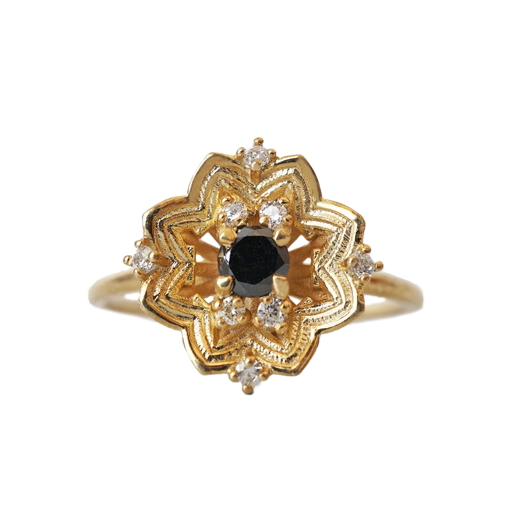 Gothic Rose Window Black Diamond Ring in 14K and 18K Gold