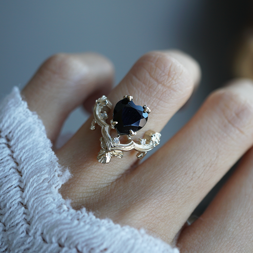 Gothic Onyx Heart Ring in 14K and 18K Gold