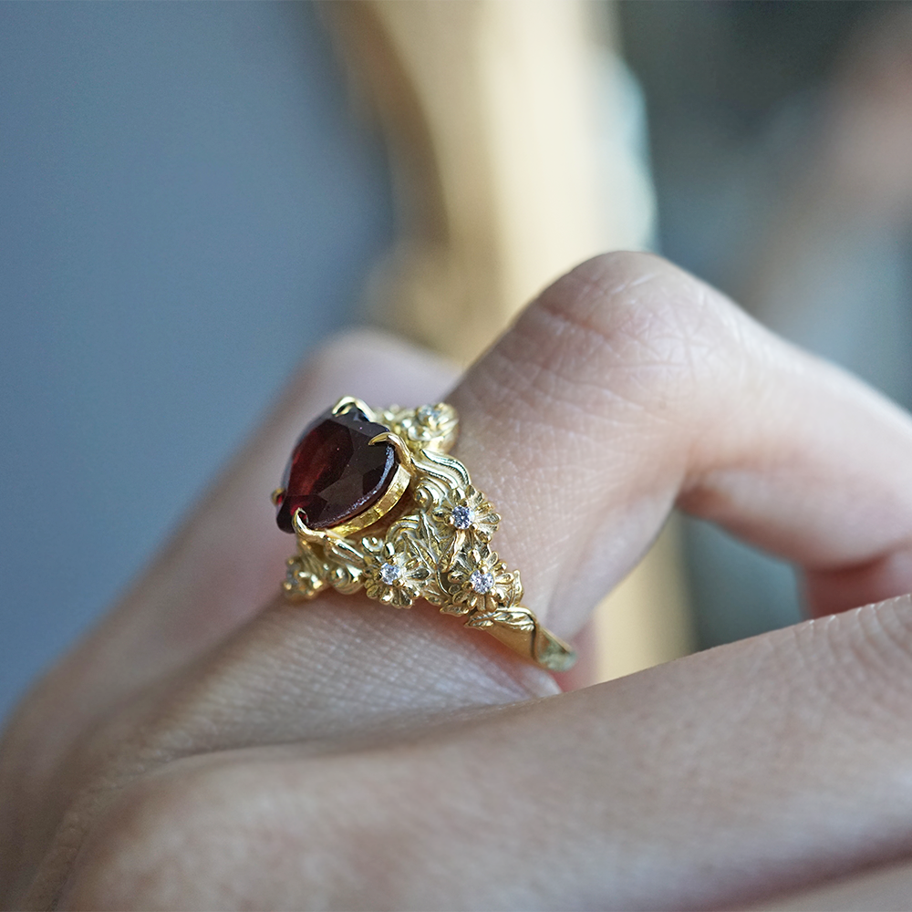 Garnet Rosetta Heart Diamond Ring in 14K and 18K Gold