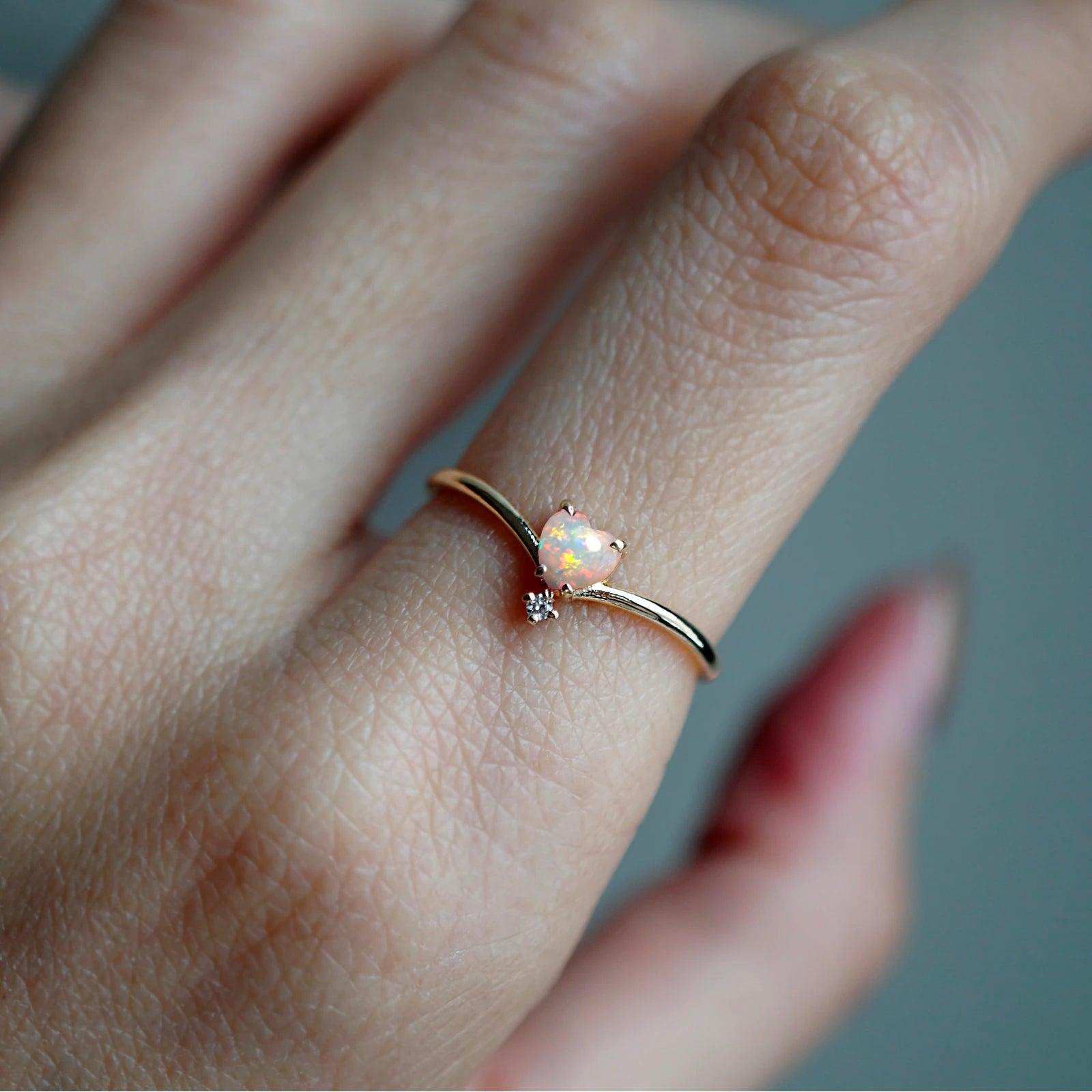 14K Heart Diamond Ring (Pink sapphire or Opal)