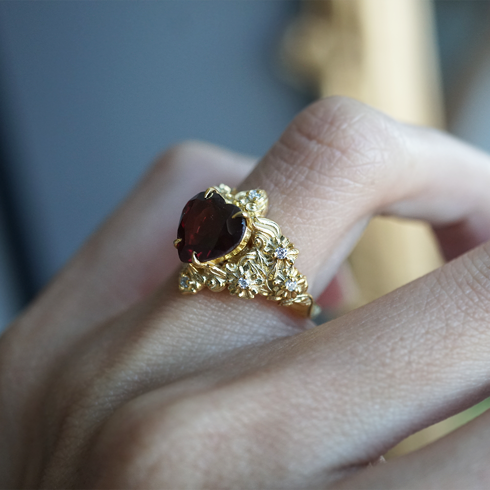 Garnet Rosetta Heart Diamond Ring in 14K and 18K Gold