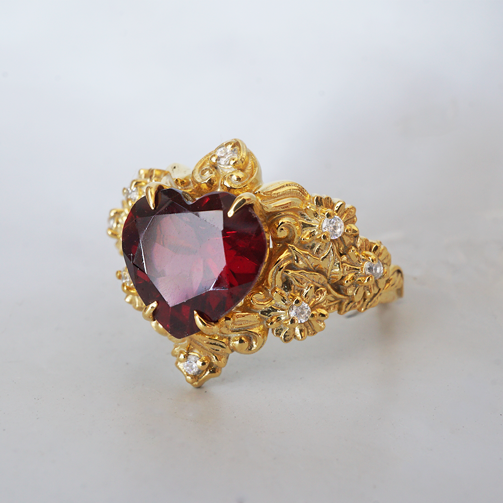 Garnet Rosetta Heart Diamond Ring in 14K and 18K Gold