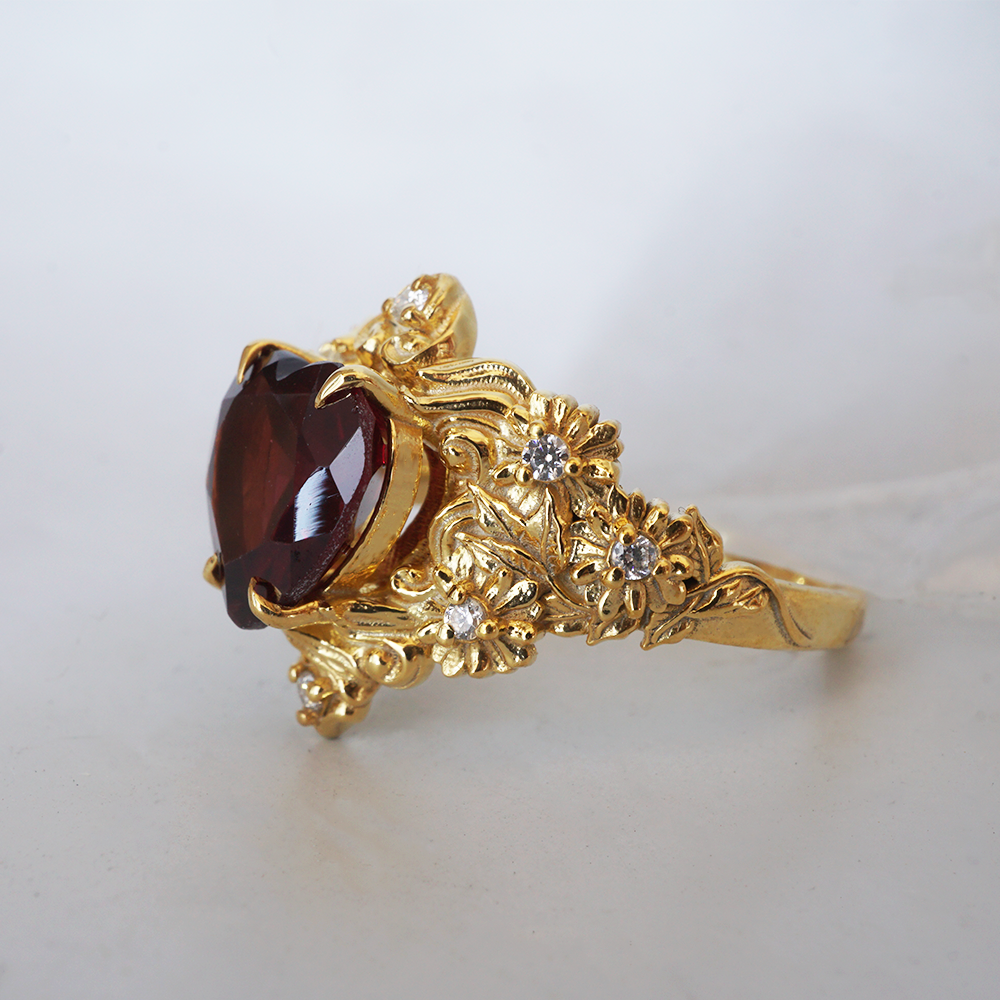 Garnet Rosetta Heart Diamond Ring in 14K and 18K Gold