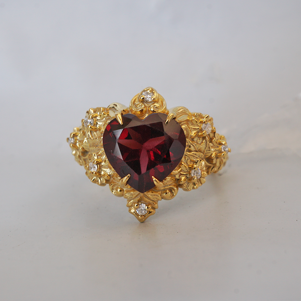 Garnet Rosetta Heart Diamond Ring in 14K and 18K Gold