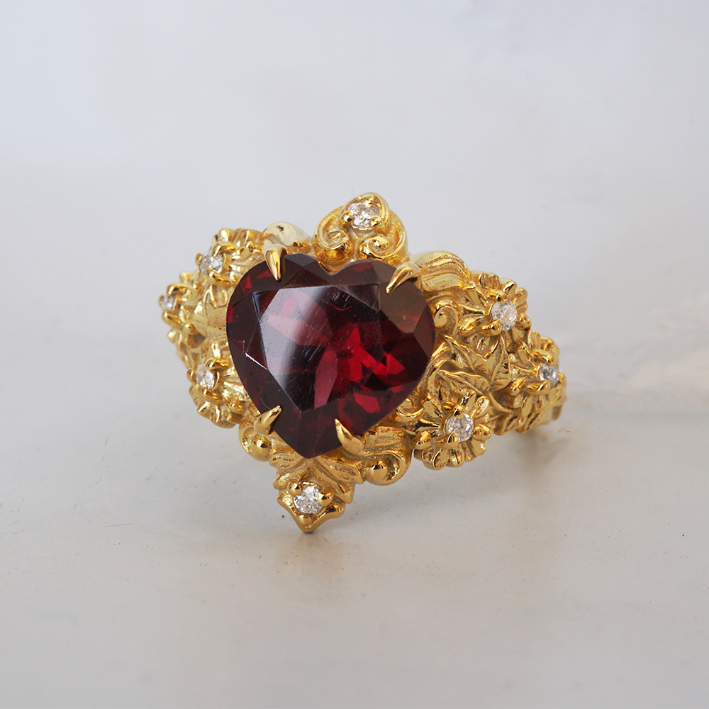 Garnet Rosetta Heart Diamond Ring in 14K and 18K Gold