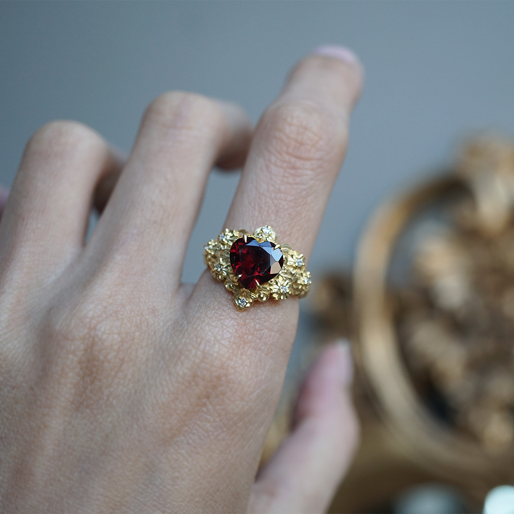 Garnet Rosetta Heart Diamond Ring in 14K and 18K Gold