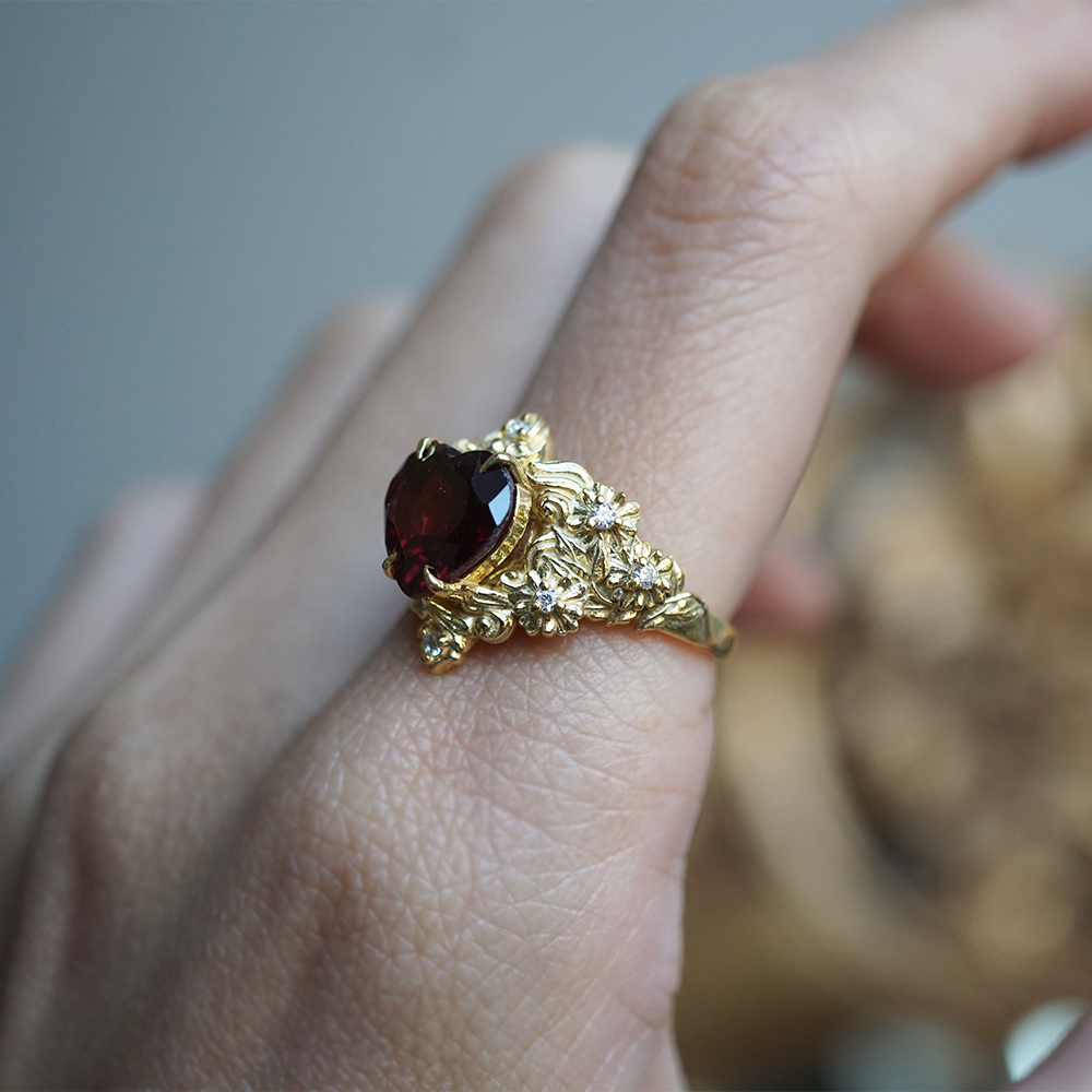 Garnet Rosetta Heart Diamond Ring in 14K and 18K Gold